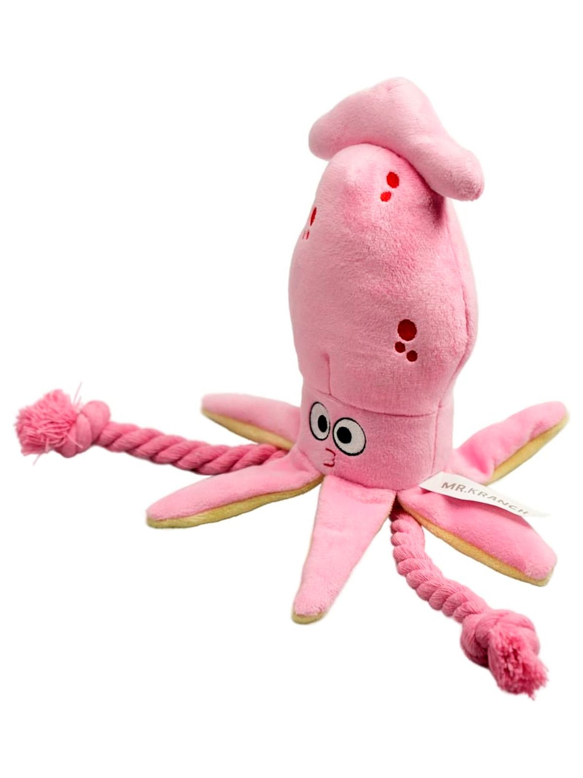 Игрушка Mr.Kranch для собак Кальмар плюшевая с канатиками и пищалкой 26 см розовая