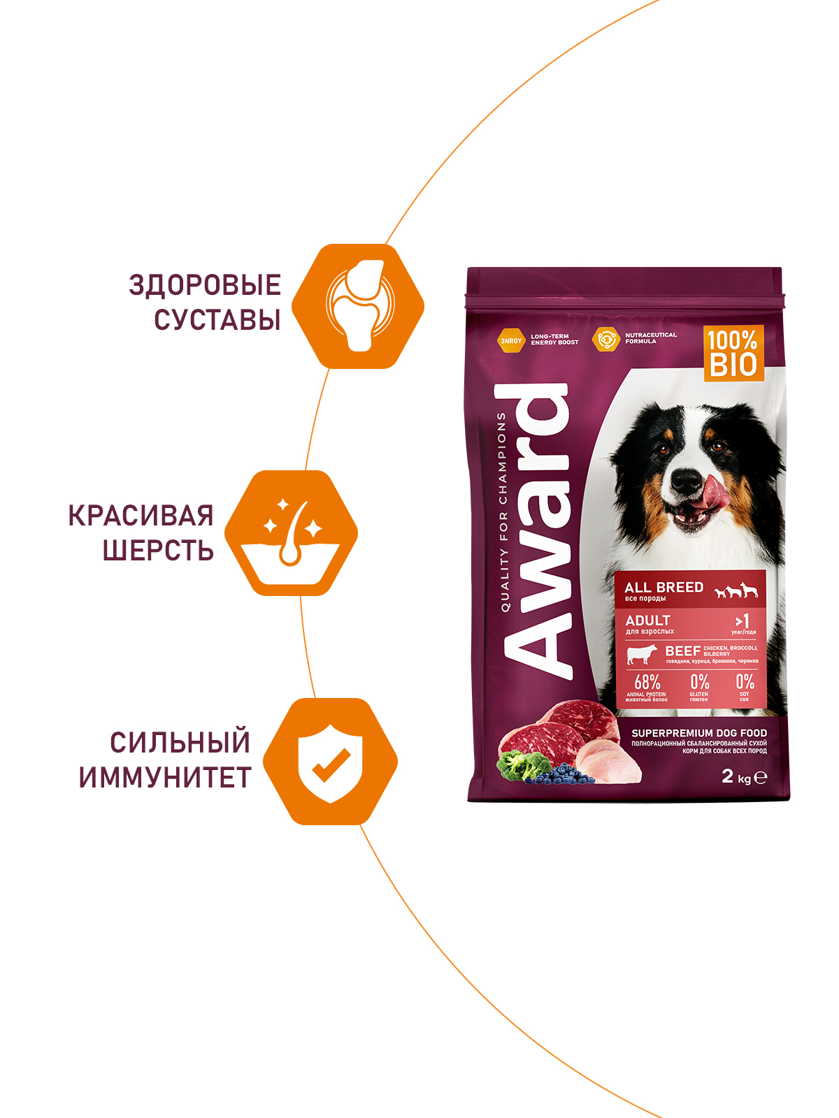 Сухой корм AWARD для взрослых собак всех пород с говядиной и курицей с добавлением брокколи и черники 2кг