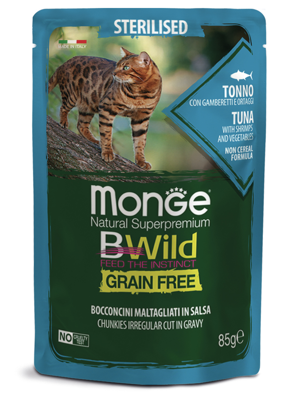 Влажный корм Monge Cat BWild GRAIN FREE для стерилизованных кошек, беззерновой, из тунца с креветками и овощами, паучи 85 г -28 шт