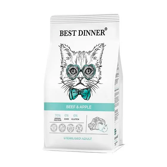 Best Dinner Бест Dinner Эдалт Стерилизат с Говядиной и Яблоком (сухой корм д/кош) - 1,5 кг