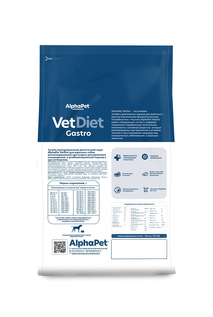 AlphaPet VetDiet Gastro Сухой корм для собак при расстройствах пищeварения 500 г