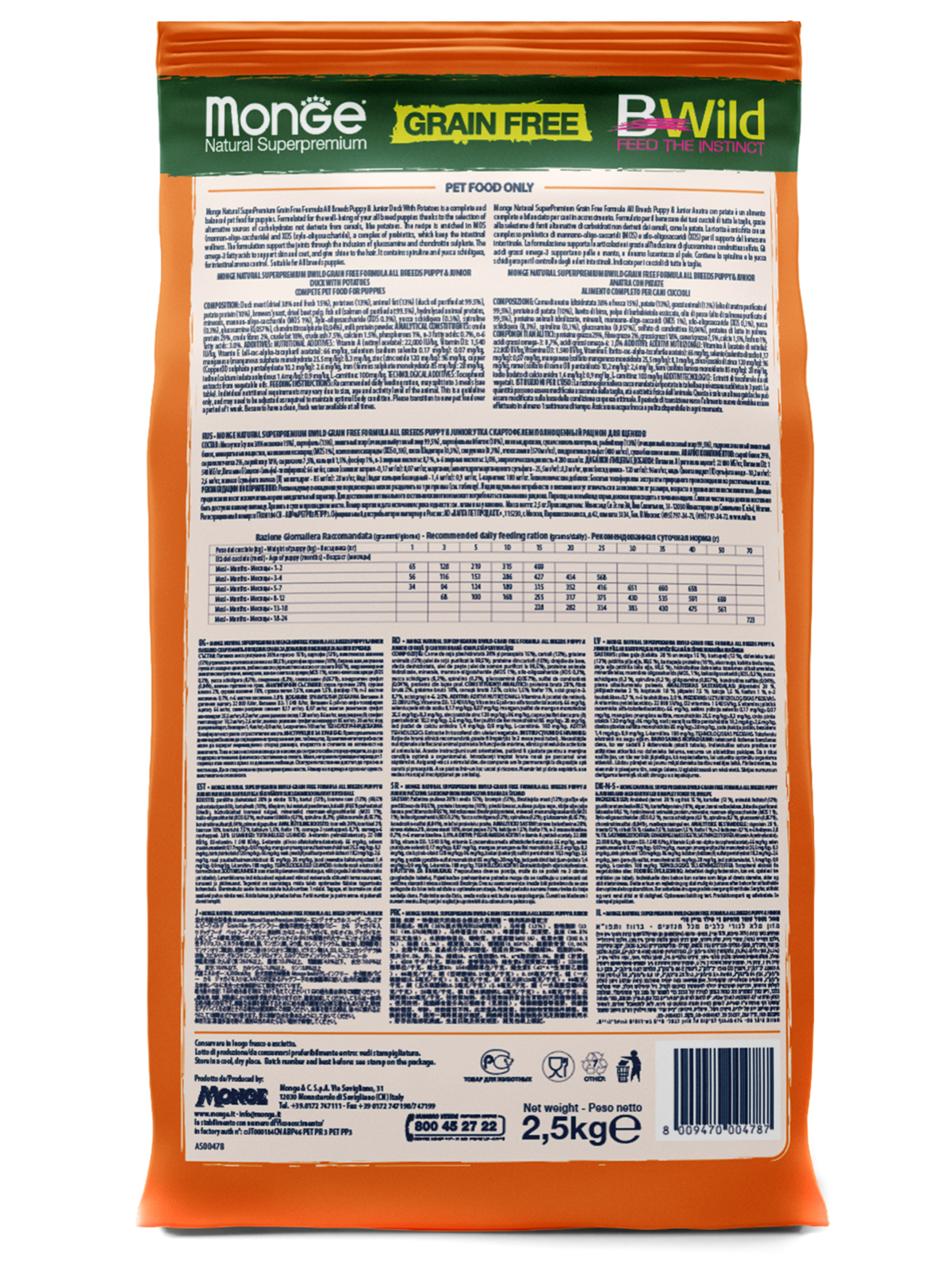 Сухой корм Monge Dog BWild GRAIN FREE Puppy & Junior для щенков, беззерновой, из мяса утки с картофелем 2,5 кг
