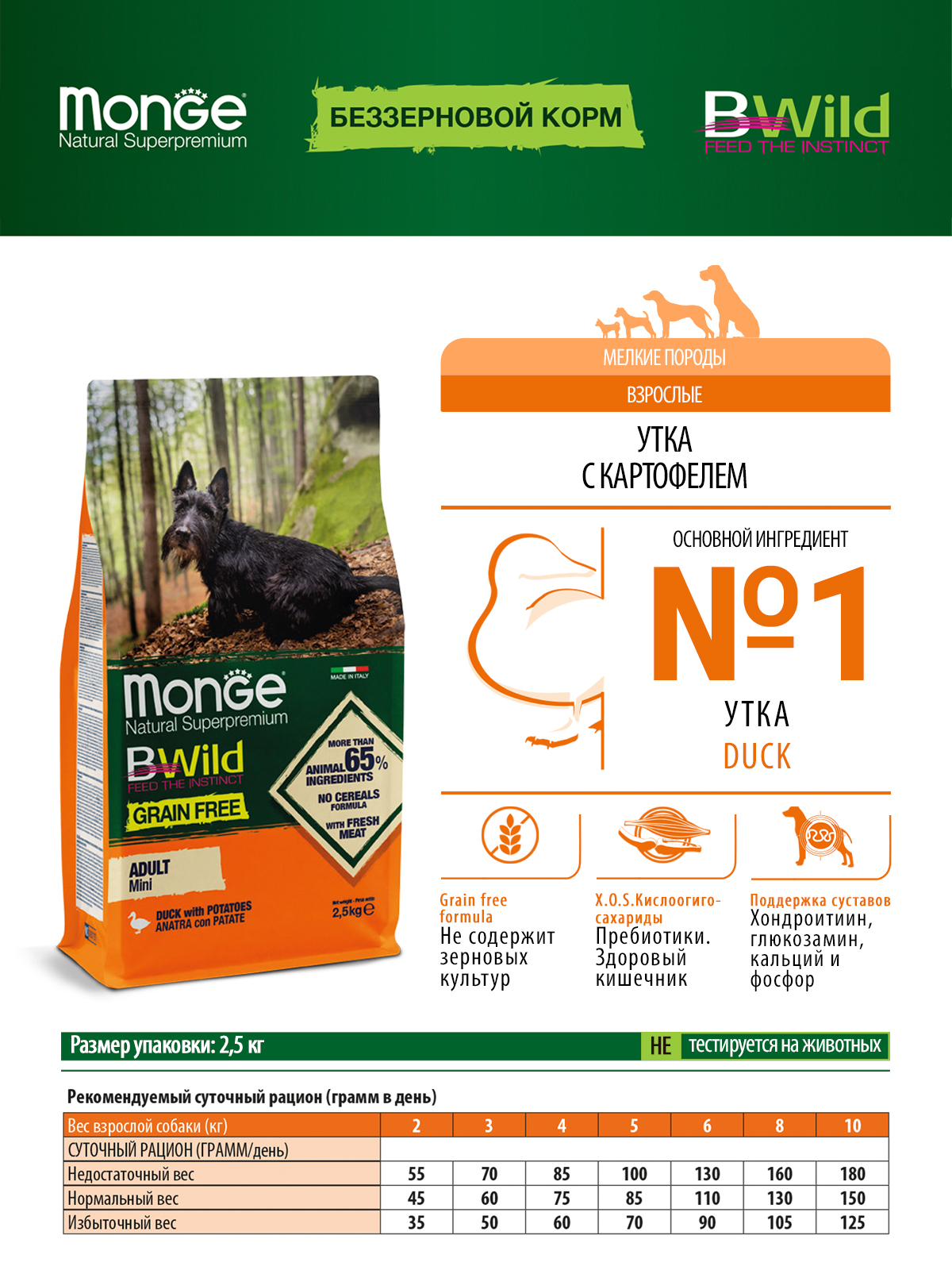 Сухой корм Monge Dog BWild GRAIN FREE Mini корм для взрослых собак мелких пород, беззерновой, из утки с картофелем 2,5 кг