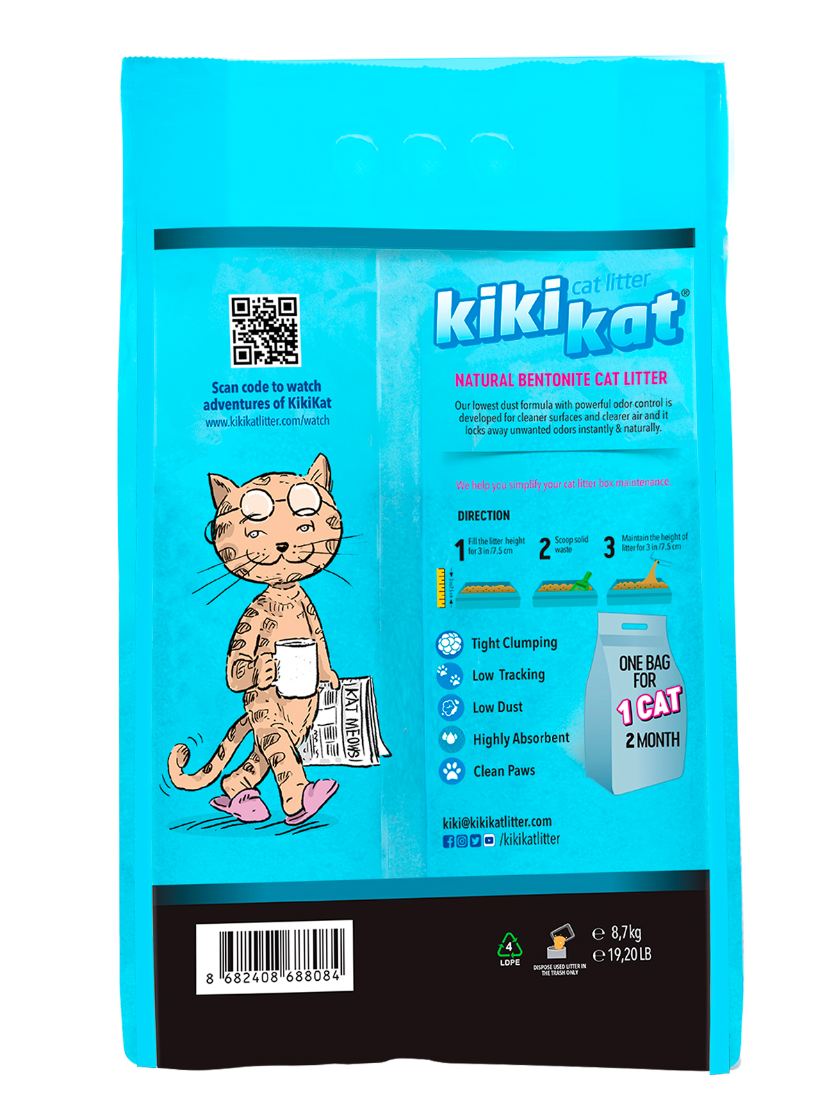 Бентонитовый наполнитель для кошачьего туалета KikiKat супербелый комкующийся, с активированным углем, 10 л