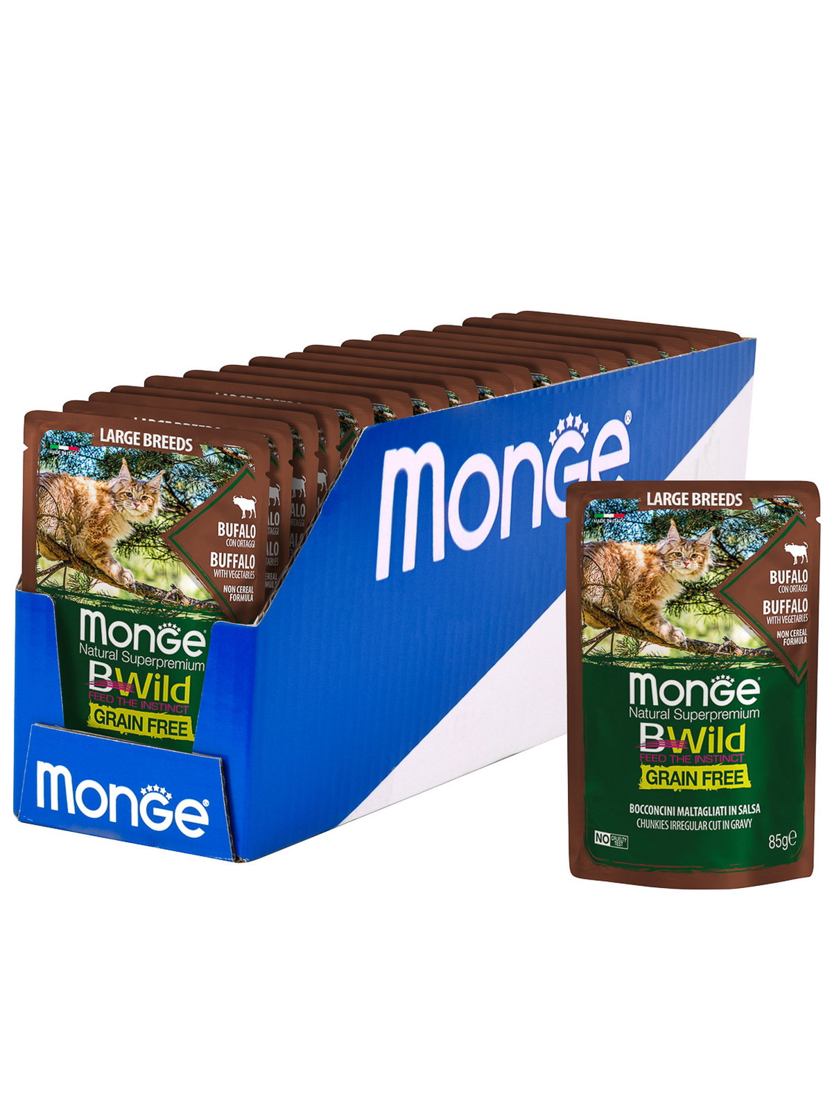 Влажный корм Monge Cat BWild GRAIN FREE для котят и кошек крупных пород, из мяса буйвола с овощами, паучи 85 г