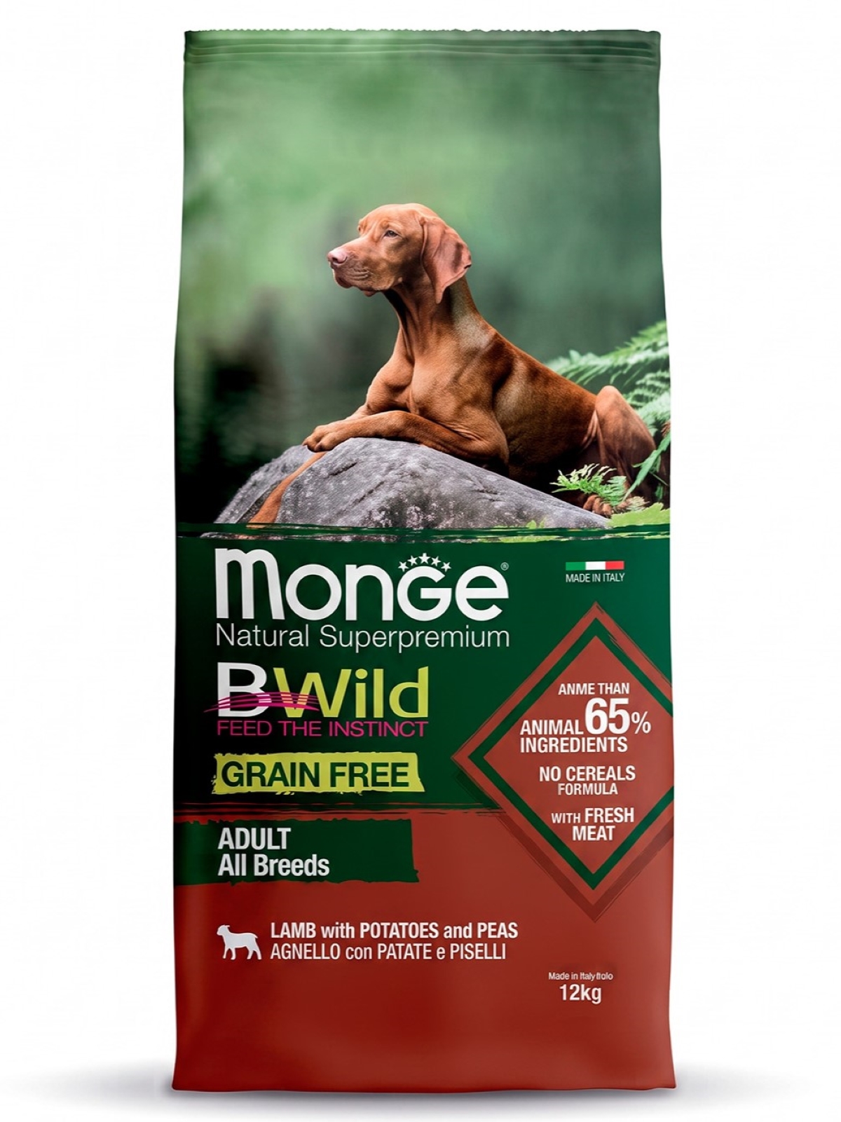 Сухой корм Monge Dog BWild GRAIN FREE для взрослых собак всех пород, беззерновой, из ягненка с картофелем и горохом 12 кг
