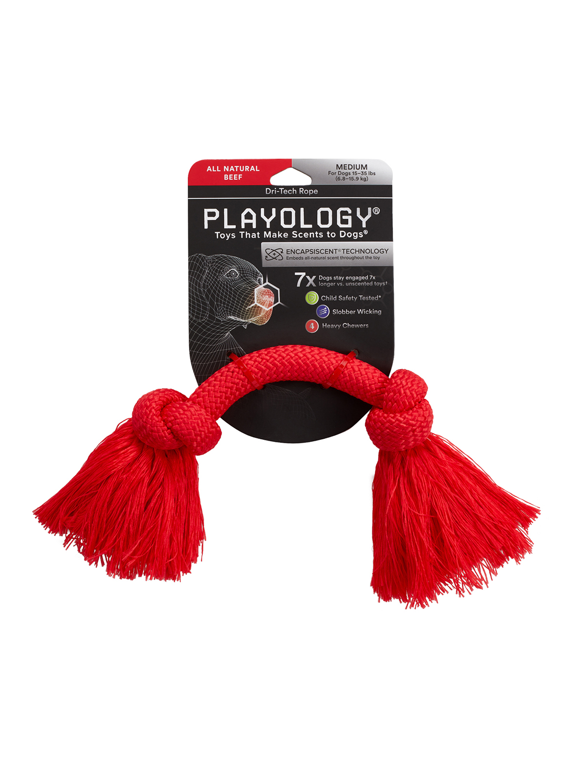 Playology жевательный канат DRI-TECH ROPE для собак средних пород с ароматом говядины, средний, цвет красный