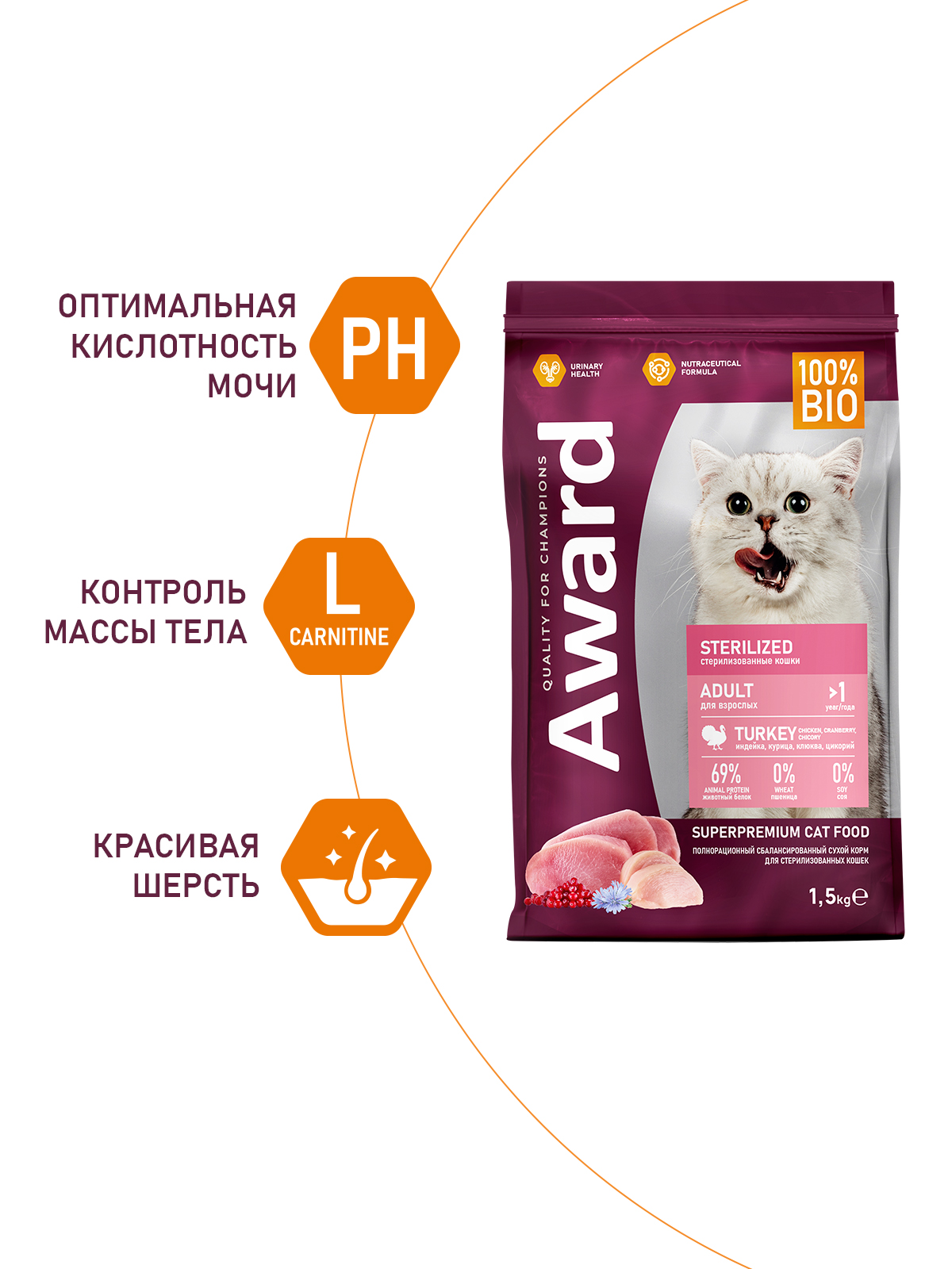 Сухой корм AWARD Sterilized для взрослых стерилизованных кошек с индейкой и курицей с добавлением клюквы и цикория 1,5кг