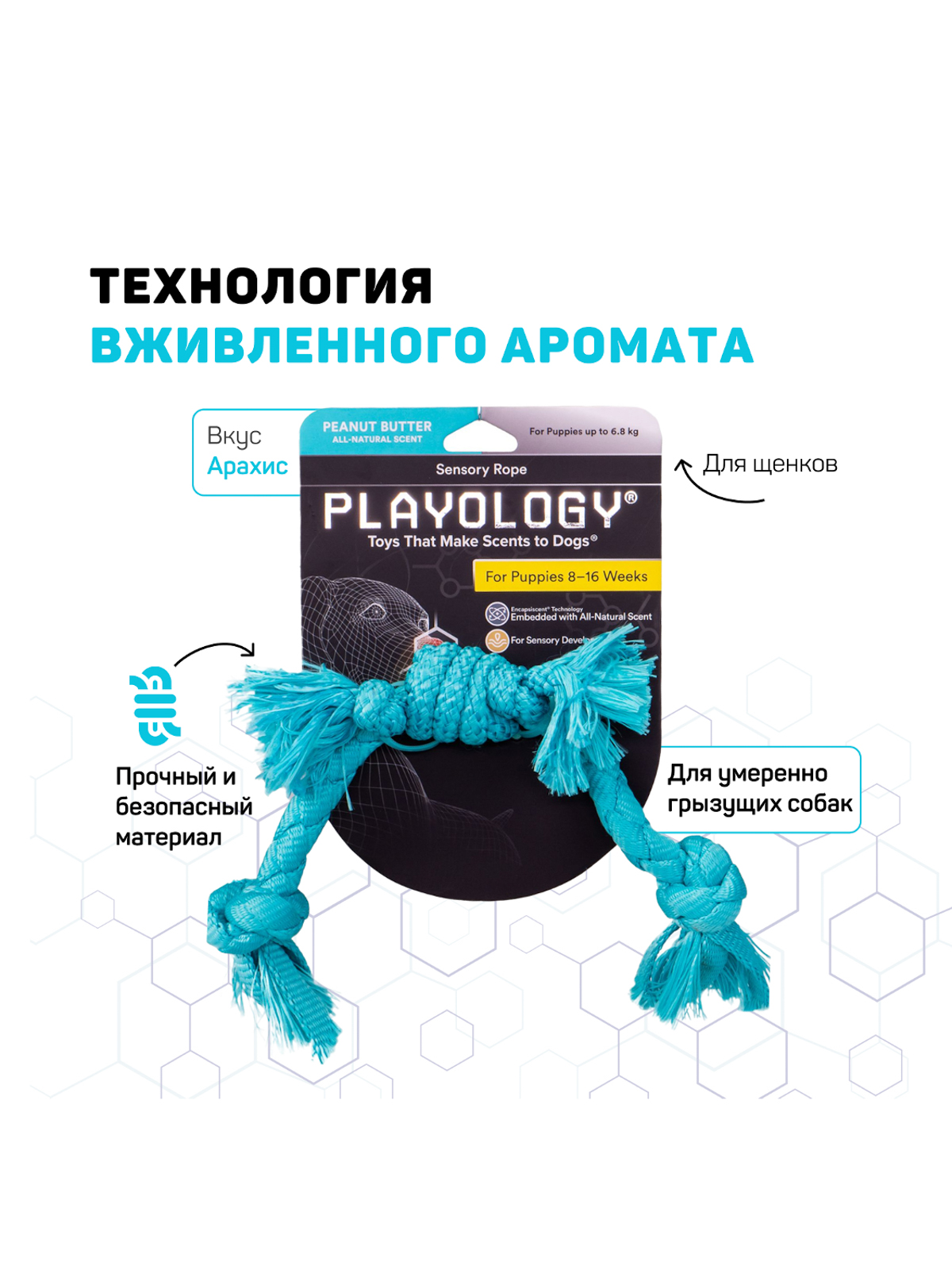Playology сенсорный канат PUPPY SENSORY ROPE для щенков мелких и средних пород 8-16 недель с ароматом арахиса, цвет голубой