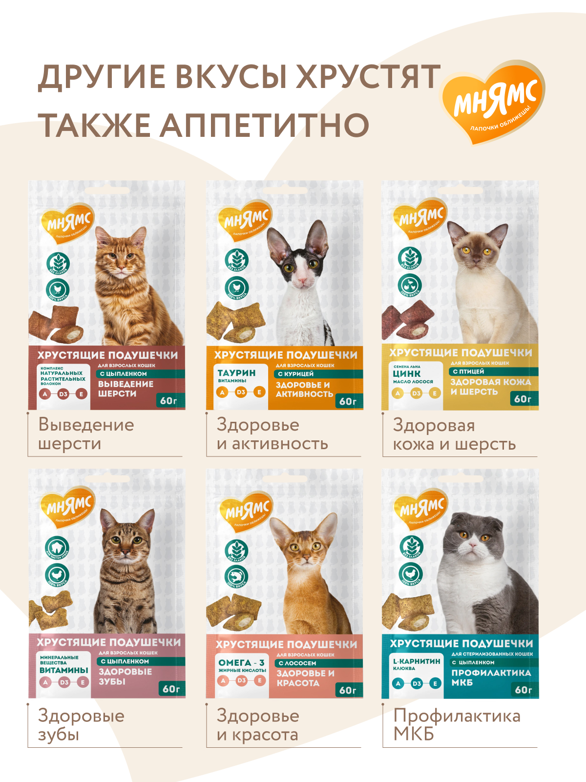 Мнямс Лакомство  Хрустящие подушечки для котят с цыпленком и яйцом Здоровый котенок 60 г.