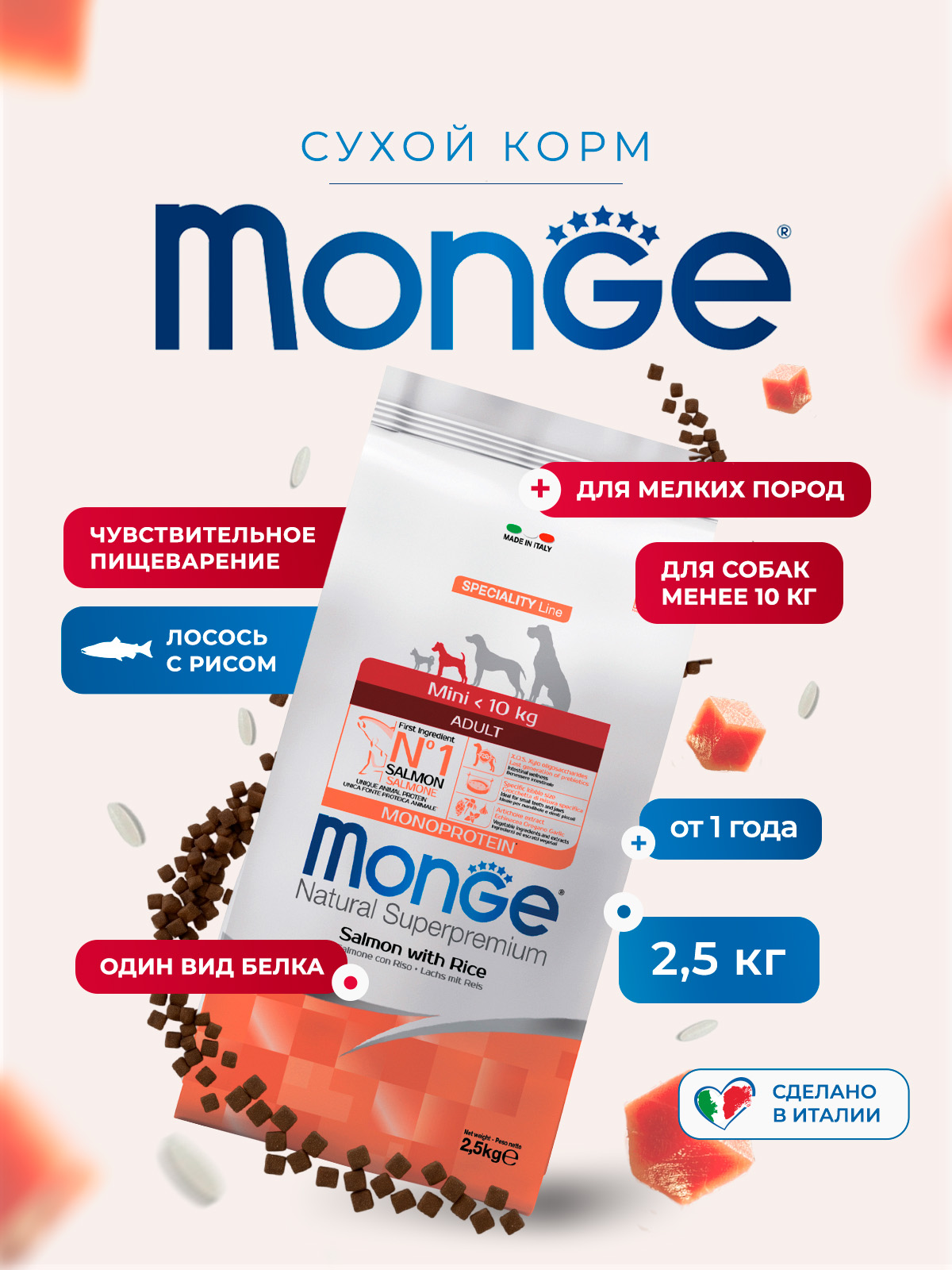 Сухой корм Monge Dog Speciality Line Monoprotein Mini для взрослых собак мелких пород, из лосося с рисом 2,5 кг