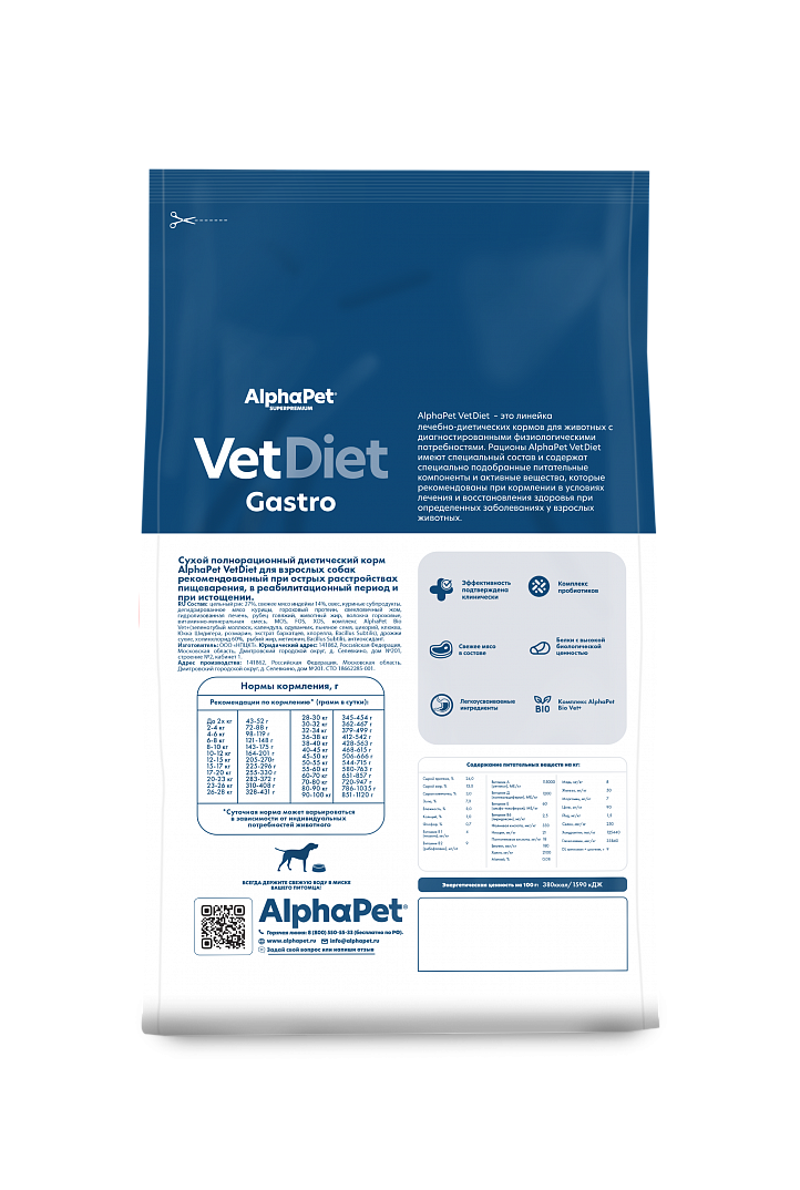 AlphaPet VetDiet Gastro Сухой корм для собак при расстройствах пищeварения 2 кг