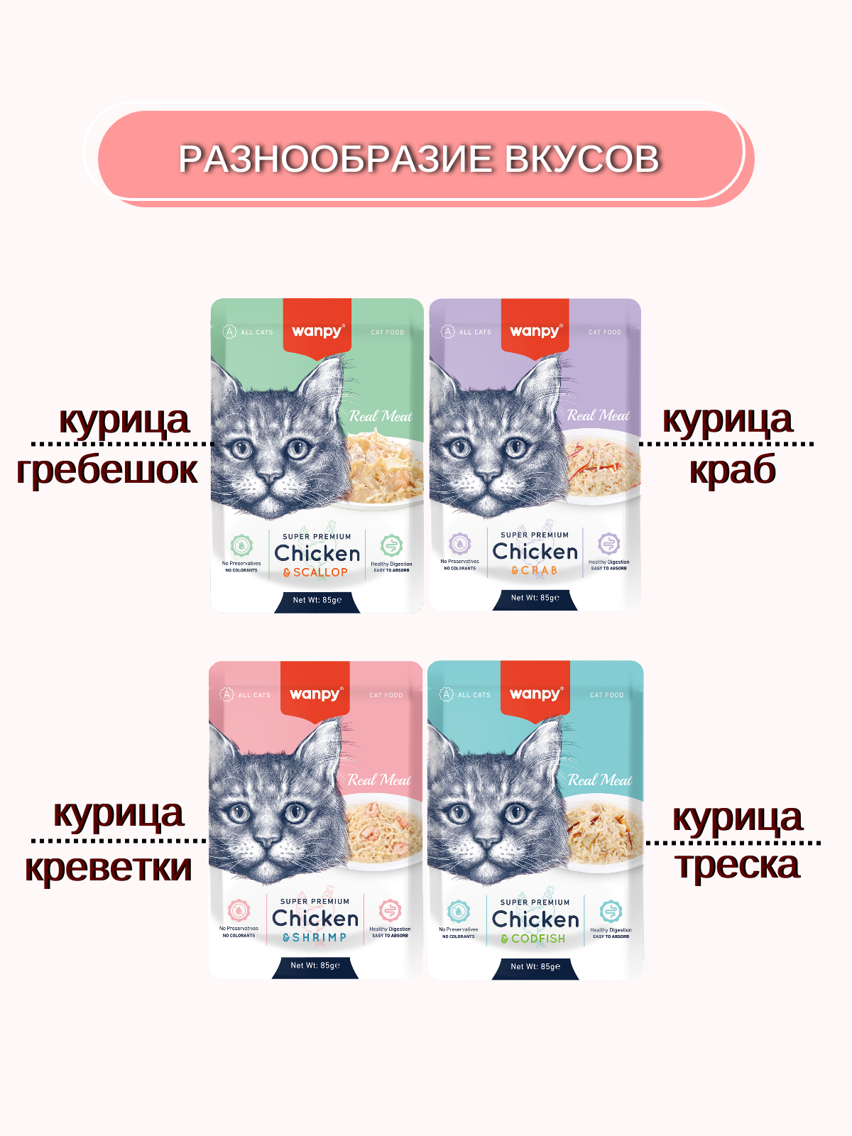 Wanpy Cat Влажный корм для кошек, курица с креветкой, 85 г