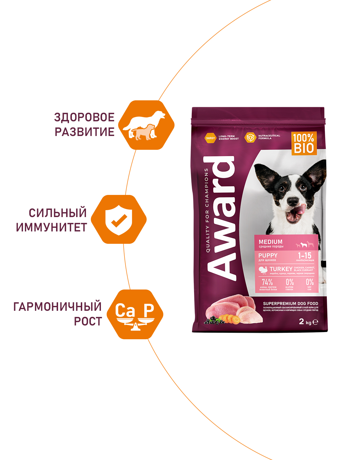 Сухой корм AWARD для щенков от 1 мес, беременных и кормящих сук средних пород с индейкой и курицей с добавлением моркови и черной смородины 2кг