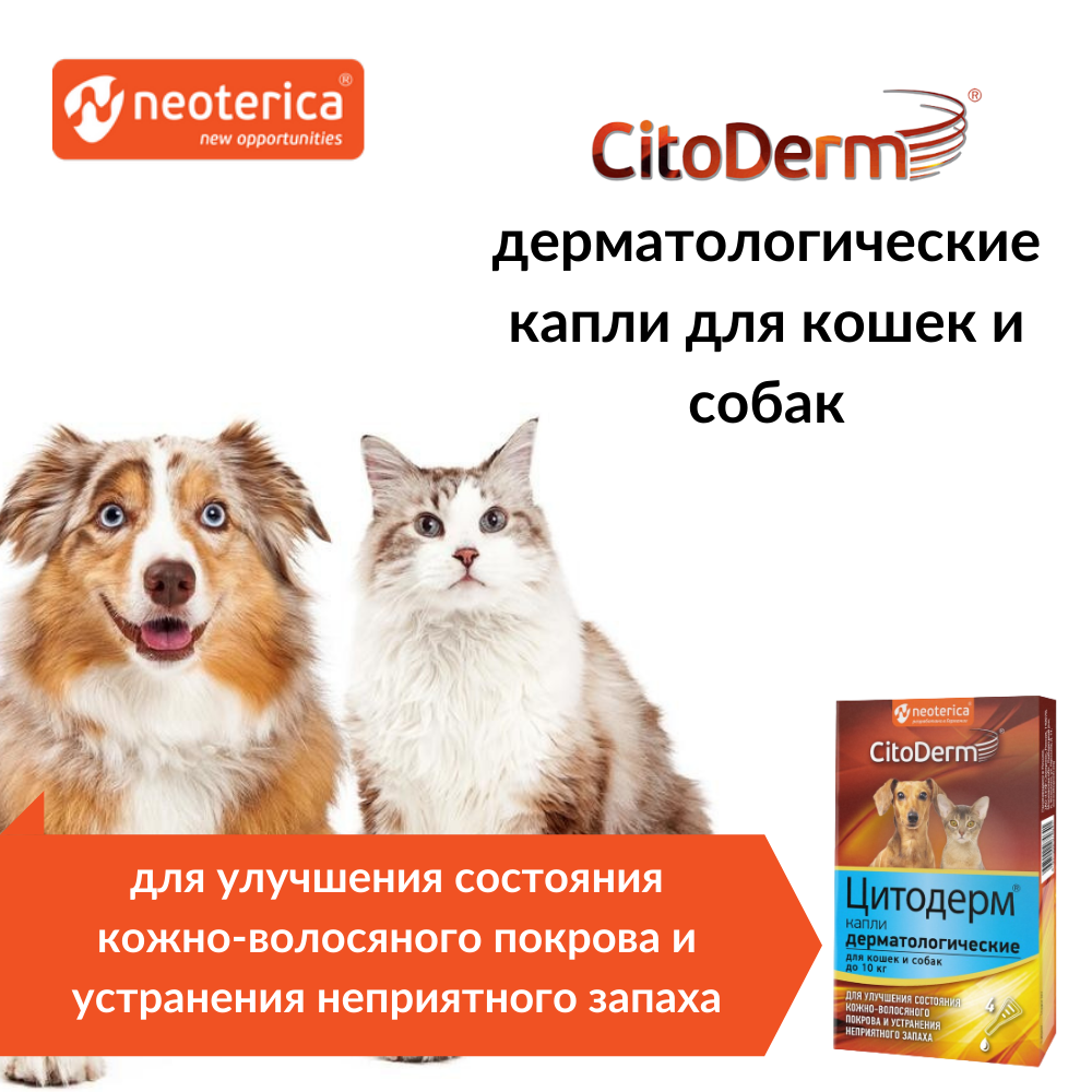 Капли Цитодерм дерматологические, для кошек и собак до 10 кг, 4 пипетки