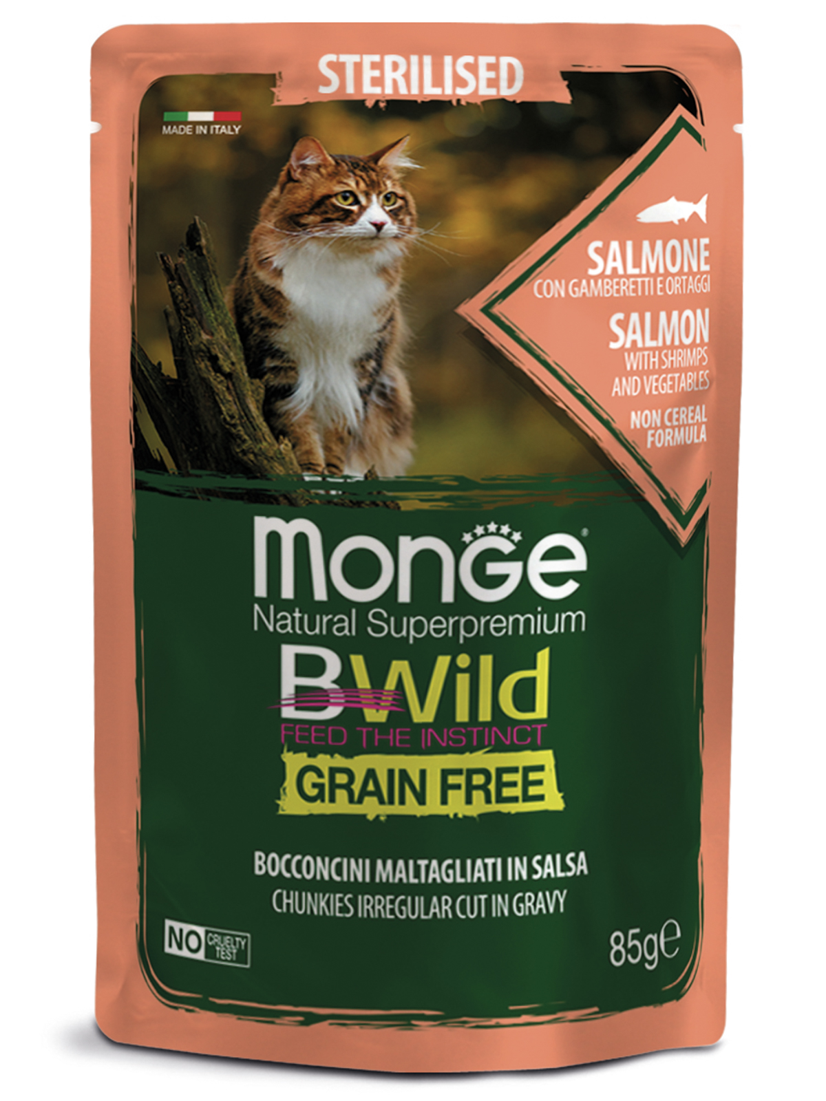 Влажный корм Monge Cat BWild GRAIN FREE для стерилизованных кошек, беззерновой, из лосося с креветками и овощами, паучи 85 г -28 шт