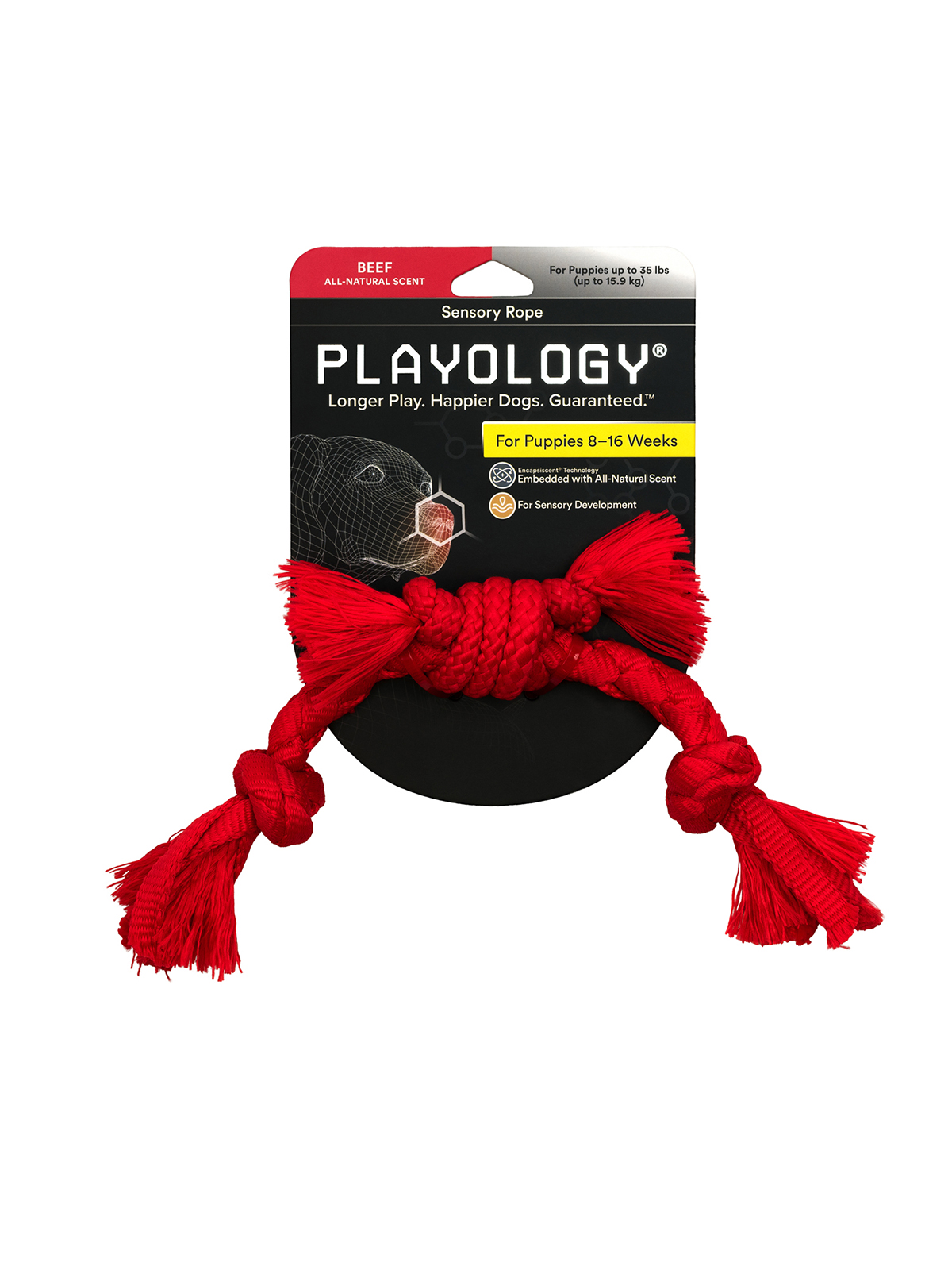 Playology сенсорный канат PUPPY SENSORY ROPE для щенков мелких и средних пород 8-16 недель с ароматом говядины, цвет красный