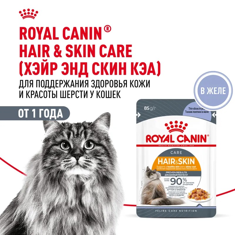 ROYAL CANIN Паучи для кошек "Royal Canin Hair&Skin" (Роял Канин) здоровье кожи и шерсти в желе 1шт-85гр 4627180245166