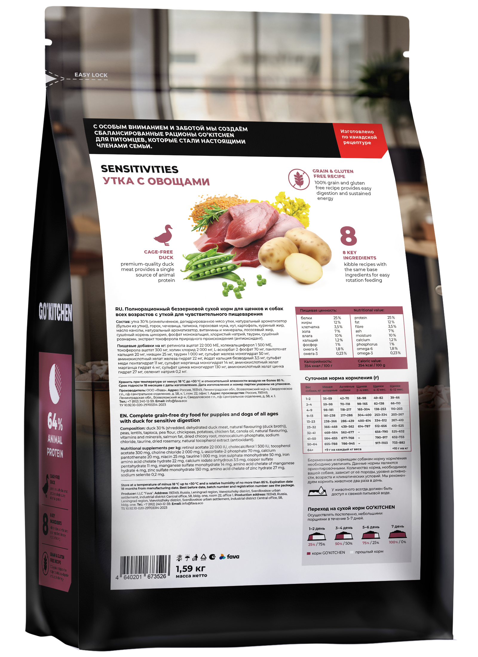 GO'KITCHEN Сухой беззерновой корм Sensitive для собак с уткой 1,59 кг 4640201673526