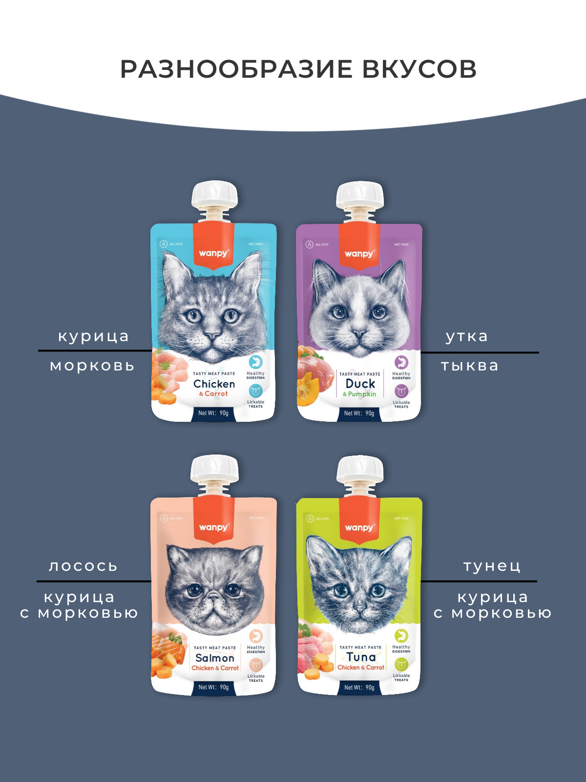Wanpy Cat Лакомство для кошек Мясной мусс из курицы и моркови 90 г