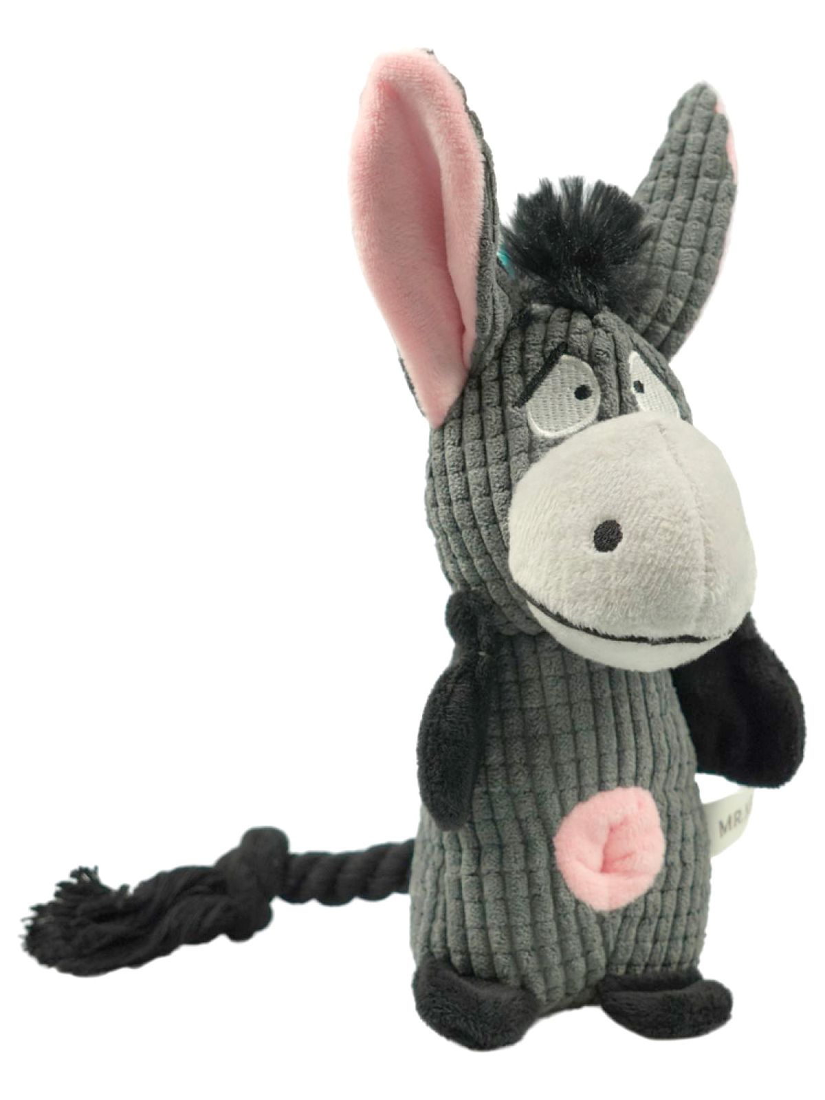 Игрушка Mr.Kranch для собак Ослик плюшевая с канатиками, пищалкой и карманом под лакомство 21 см серая