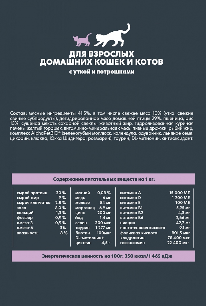 AlphaPet Альфа Пет WOW Сухой корм для домашних кошек c уткой и потрошками 1,5 кг 4670064650648