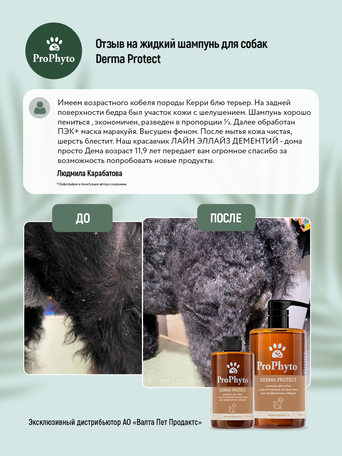 Жидкий шампунь ProPhyto DERMA PROTECT SHAMPOO для собак с растительными экстрактами против перхоти и себореи, 250 мл