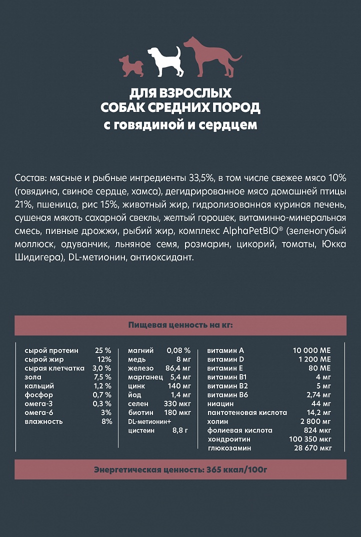 AlphaPet Альфа Пет WOW Сухой для взрослых собак средних пород с говядиной и сердцем 2кг 4670064651577