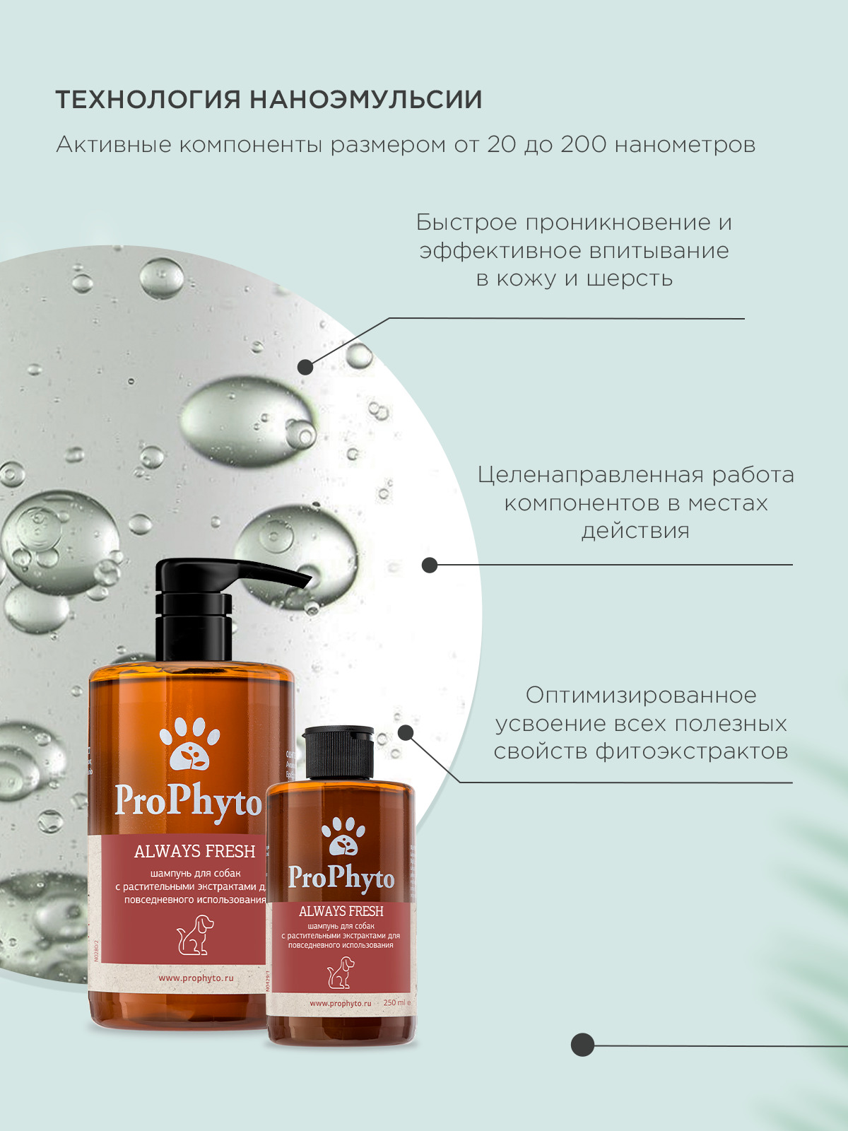 Жидкий шампунь ProPhyto ALWAYS FRESH с растительными экстрактами для регулярного гигиенического очищения кожи и шерсти собак, 500 мл