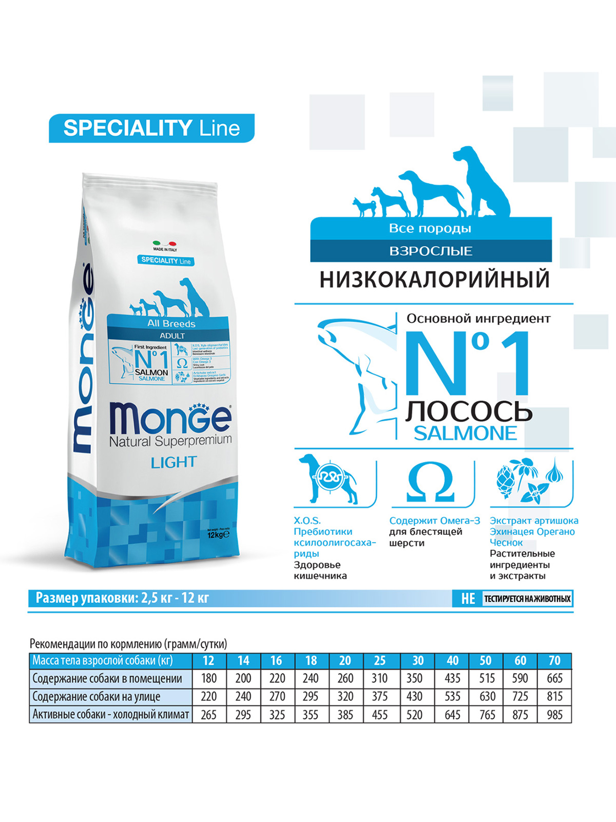 Сухой корм Monge Dog Speciality Line Light для взрослых собак всех пород, низкокалорийный, лосось с рисом 12 кг