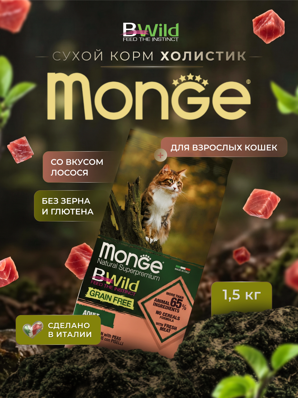 Сухой корм Monge Cat BWild GRAIN FREE для кошек, из лосося, беззерновой, 1,5 кг