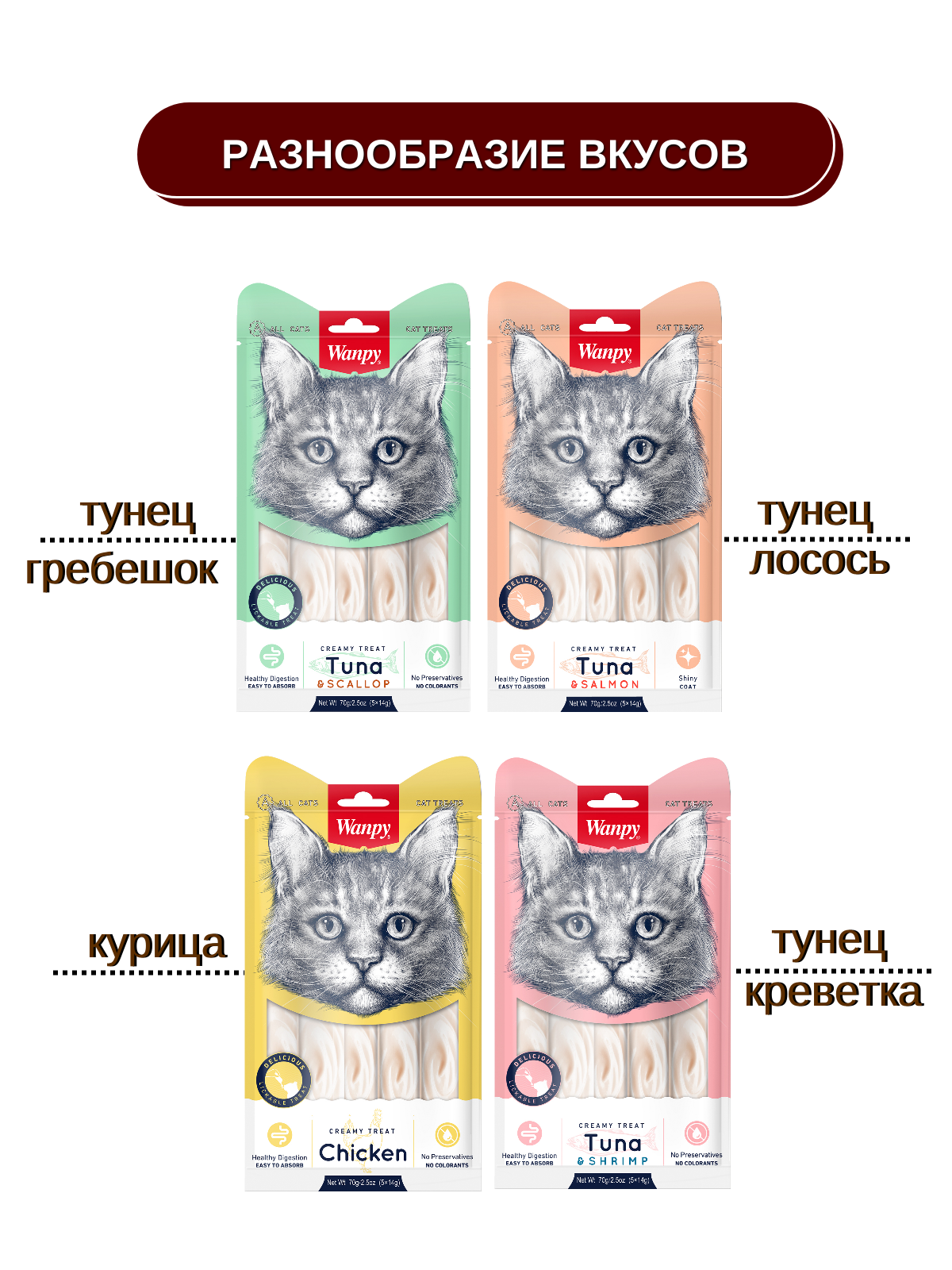 Wanpy Cat Лакомство для кошек нежное пюре из тунца и лосося 70 г