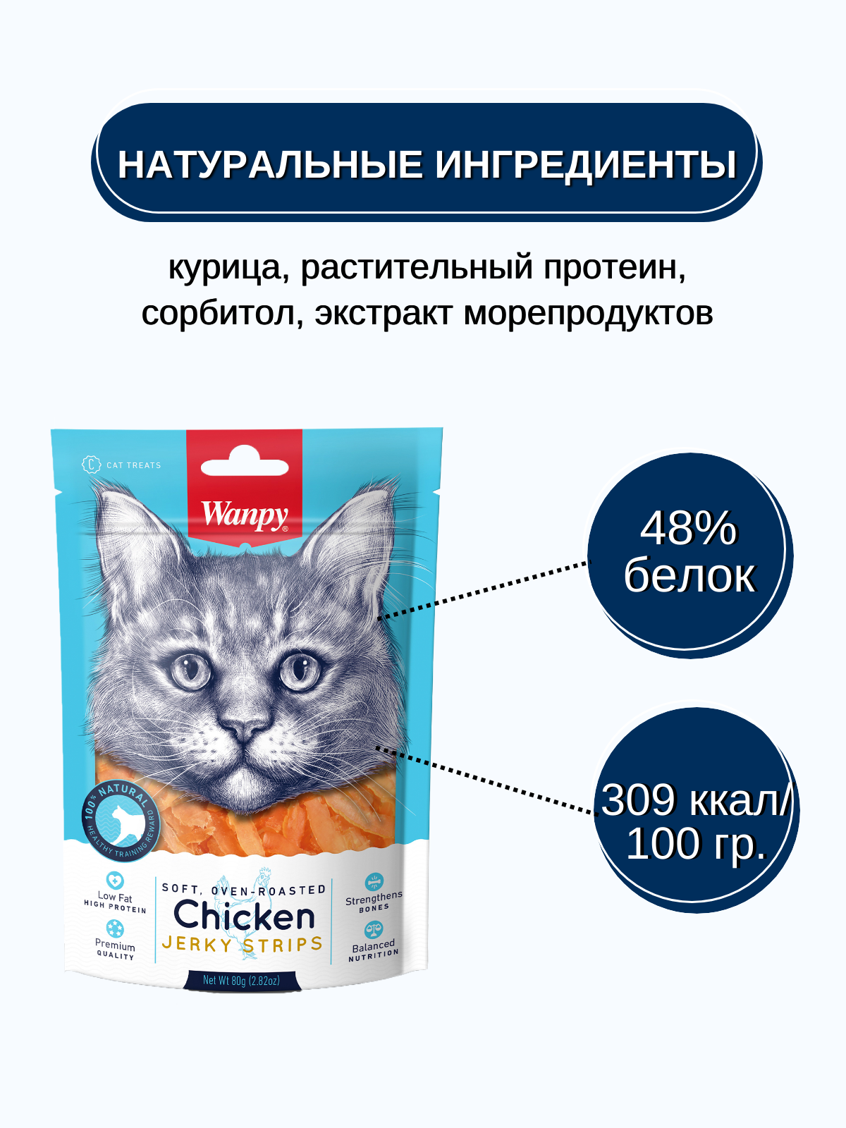 Wanpy Cat Лакомство для кошек мягкая вяленая соломка из курицы 80 г