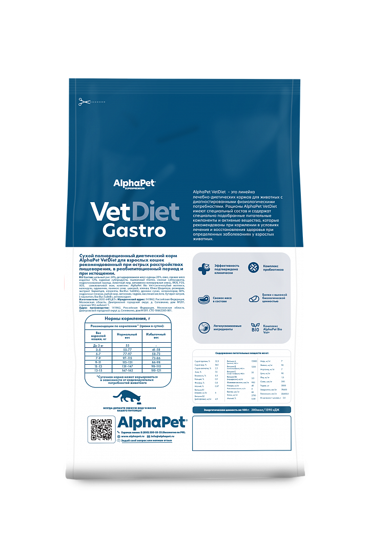 AlphaPet VetDiet Gastro Сухой корм для кошек при расстройствах пищeварения 400г