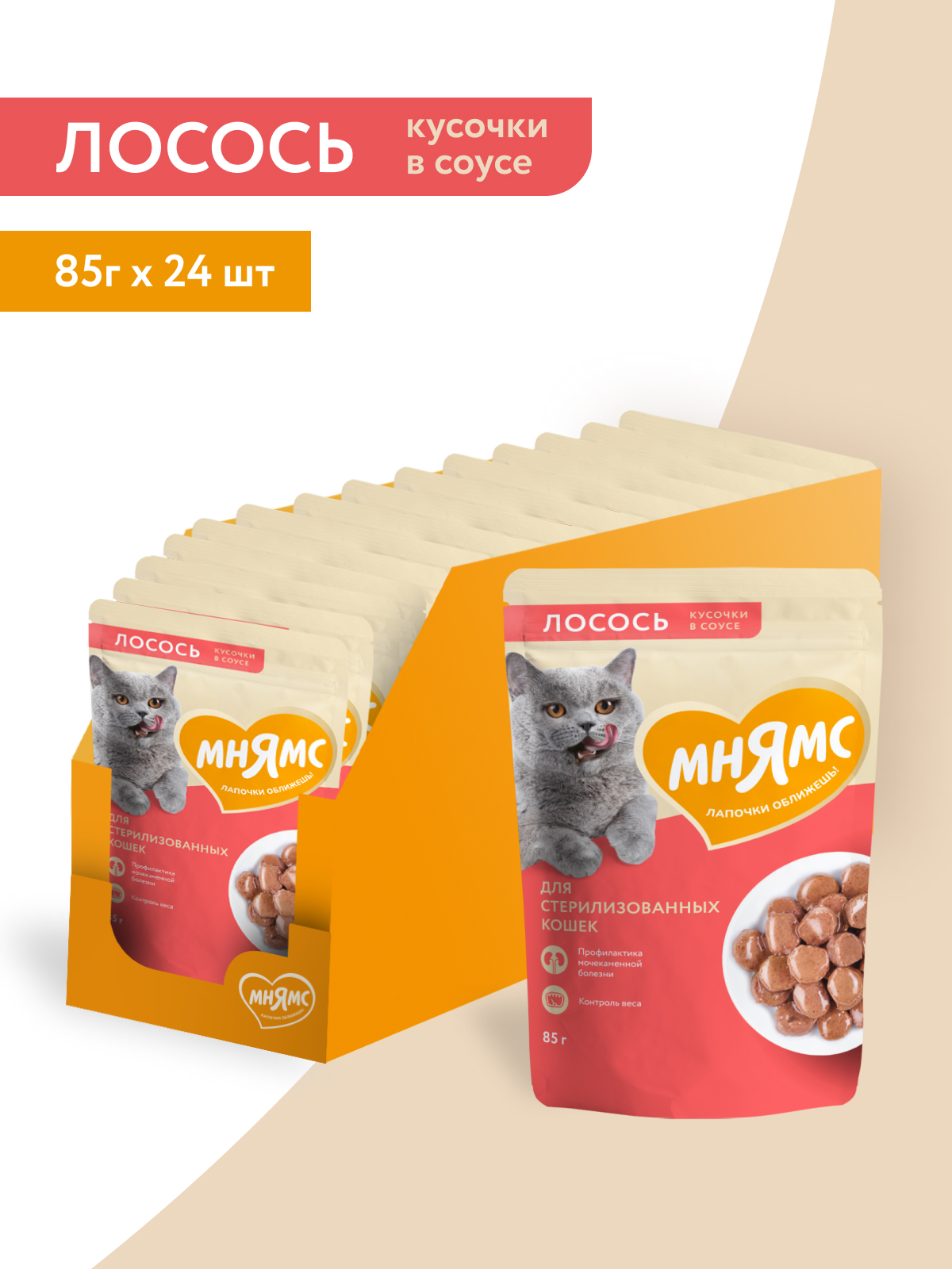 Мнямс Влажный корм для стерилизованных кошек, кусочки в соусе с лососем,  85 г