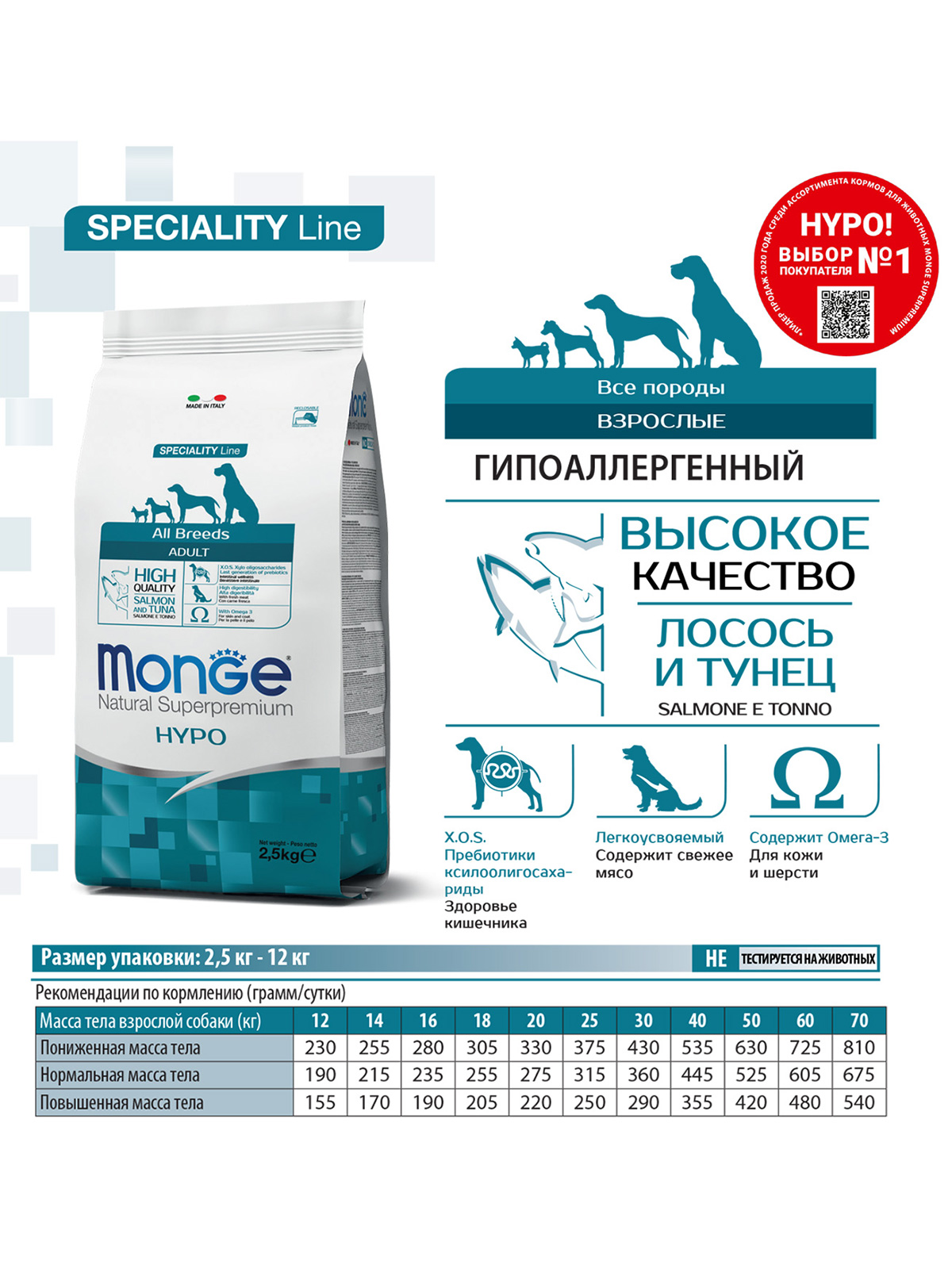 Сухой корм Monge Dog Speciality Line Hypo для взрослых собак, гипоаллергенный, из лосося с тунцом 2,5 кг