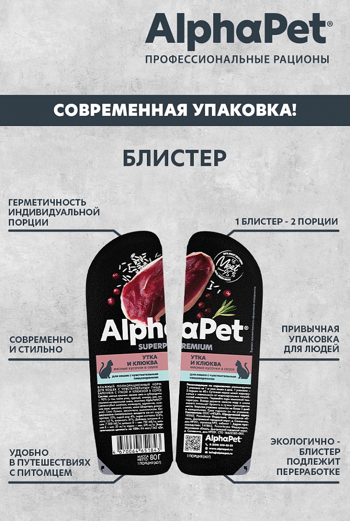 AlphaPet Superpremium Влажный корм для кошек с чувствительным пищеварением, утка и клюква в соусе, 80г 4670064651843