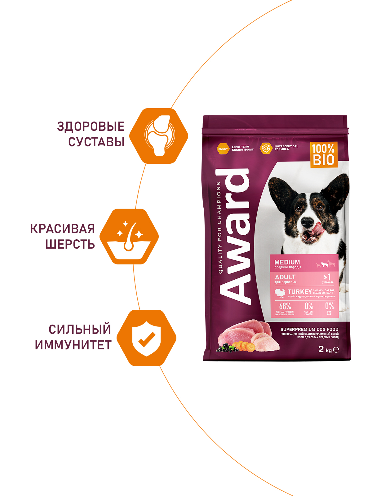 Сухой корм AWARD для взрослых собак средних пород с индейкой и курицей с добавлением моркови и черной смородины 2кг