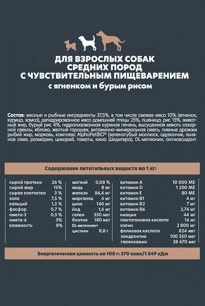 AlphaPet Альфа Пет WOW сухой корм для собак средних пород чувствительное пищеварение с Ягненком и бурым рисом 2кг 4670064651560