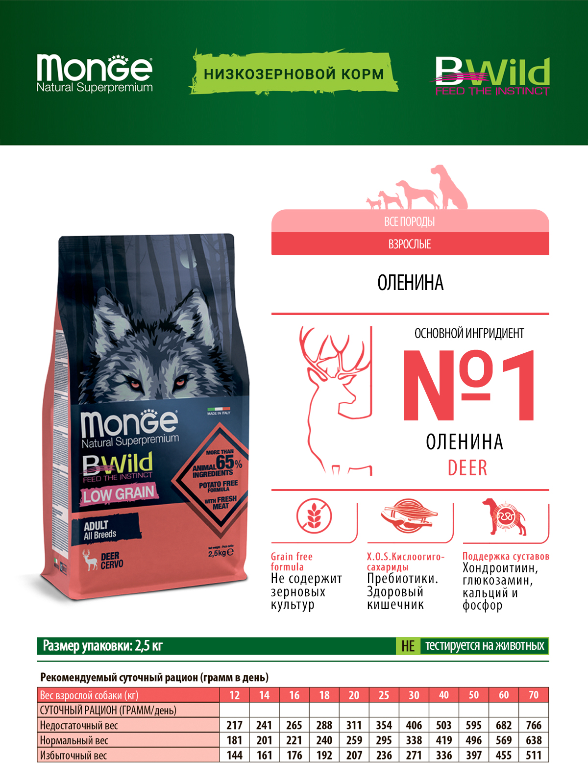 Сухой корм Monge Dog BWild LOW GRAIN для взрослых собак, низкозерновой, из мяса оленя 2,5 кг
