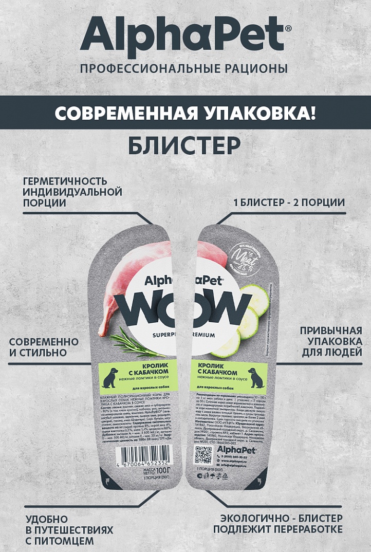 AlphaPet Влажный корм для собак ломтики кролика с кабачком 100г-15шт