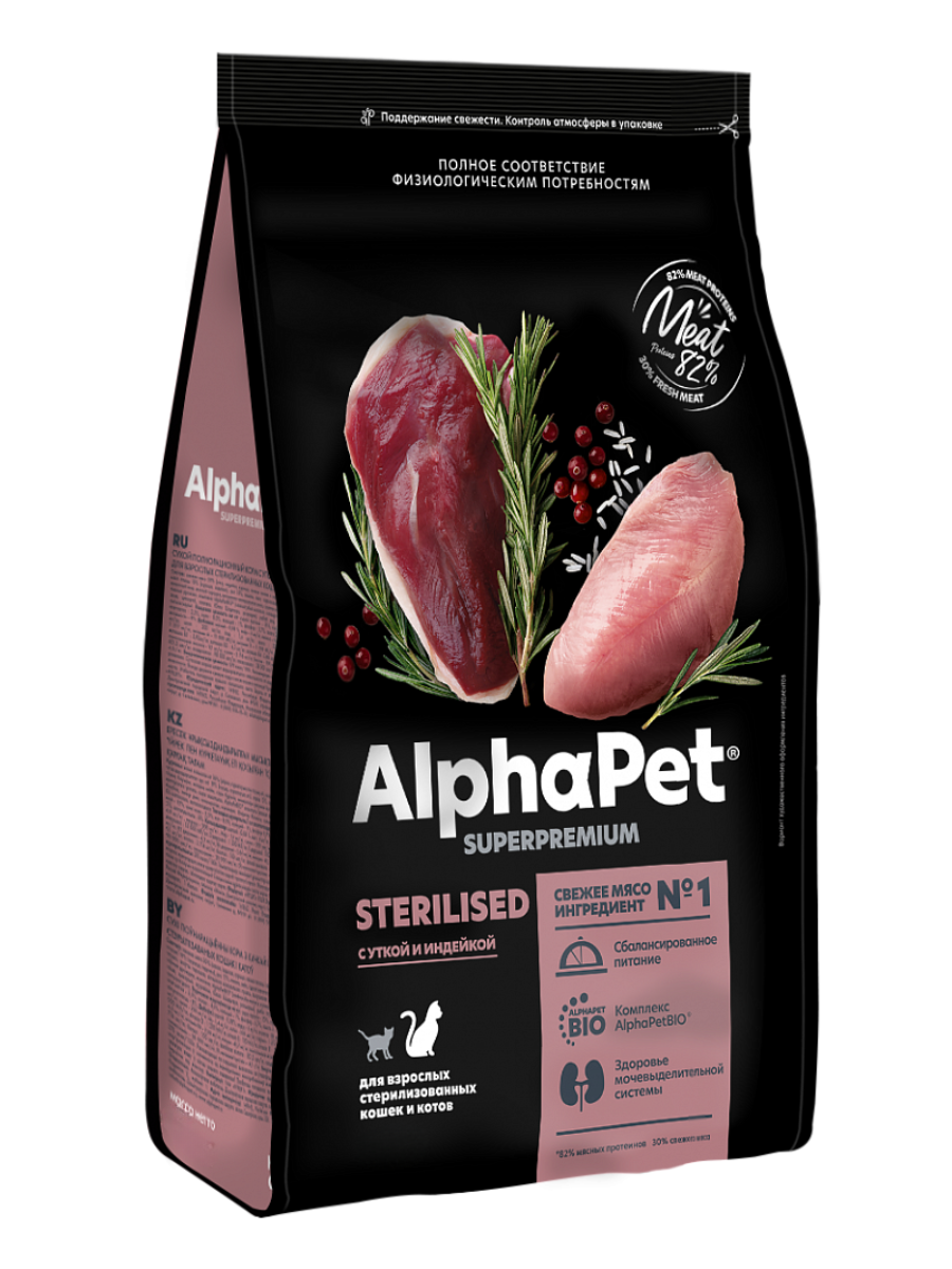 AlphaPet Альфа Пет Superpremium Сухой корм для стерилизованных кошек и котов с уткой и индейкой 1,5кг 4670064651706