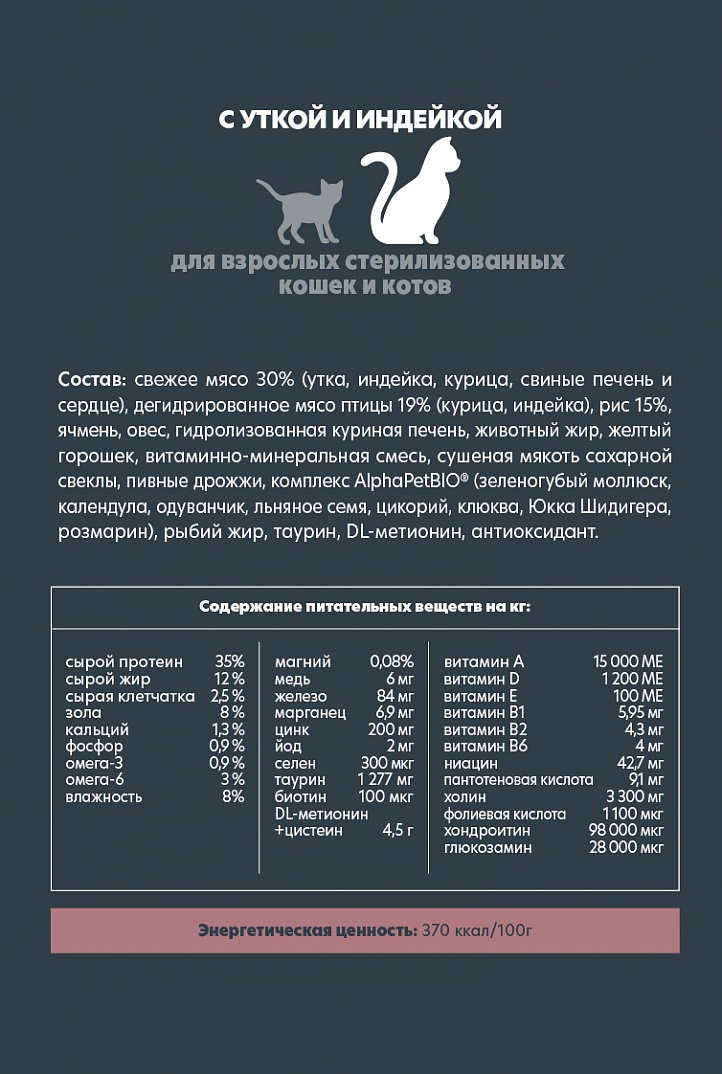 AlphaPet Альфа Пет Superpremium Сухой корм для стерилизованных кошек и котов с уткой и индейкой 1,5кг 4670064651706