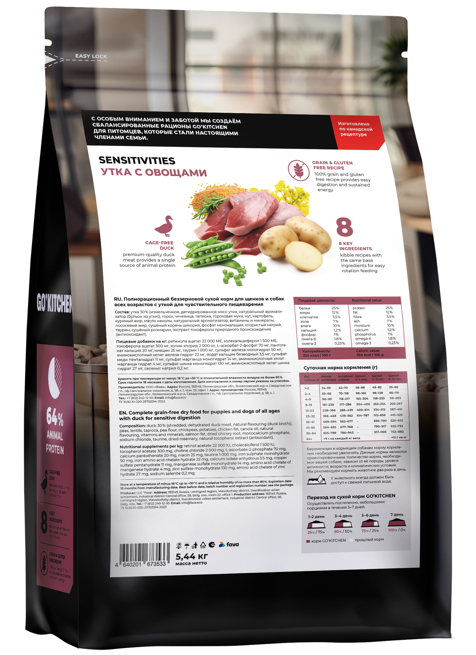 GO'KITCHEN Сухой беззерновой корм Sensitive для собак с уткой 5,44 кг 4640201673533