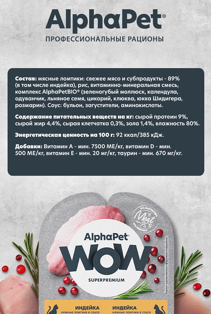 AlphaPet WOW Влажный корм для стерилизованных кошек, индейка в соусе, 80г 4670064652345