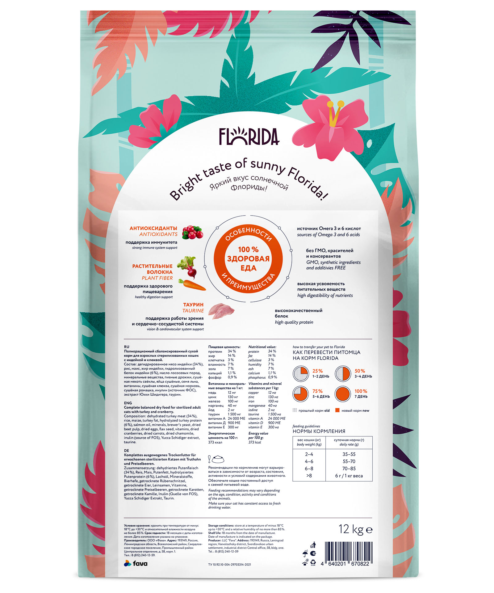 FLORIDA. Сухой корм для стерилизованных кошек с индейкой 12 кг 4640201670822