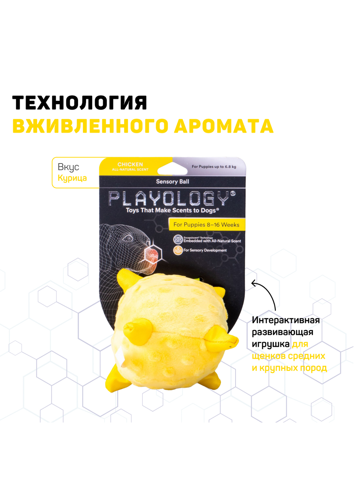 Сенсорный плюшевый мяч Playology PUPPY SENSORY BALL 11 см для щенков мелких и средних пород 8-16 недель с ароматом курицы, цвет желтый