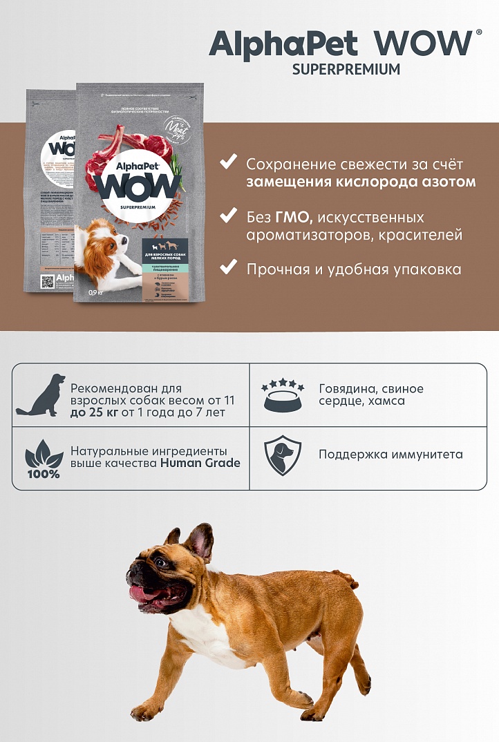 AlphaPet WOW Альфа Пет Сухой корм для собак мелких пород с чувствительным пищеварением, ягненок и бурый рис 900 г 4670064651553