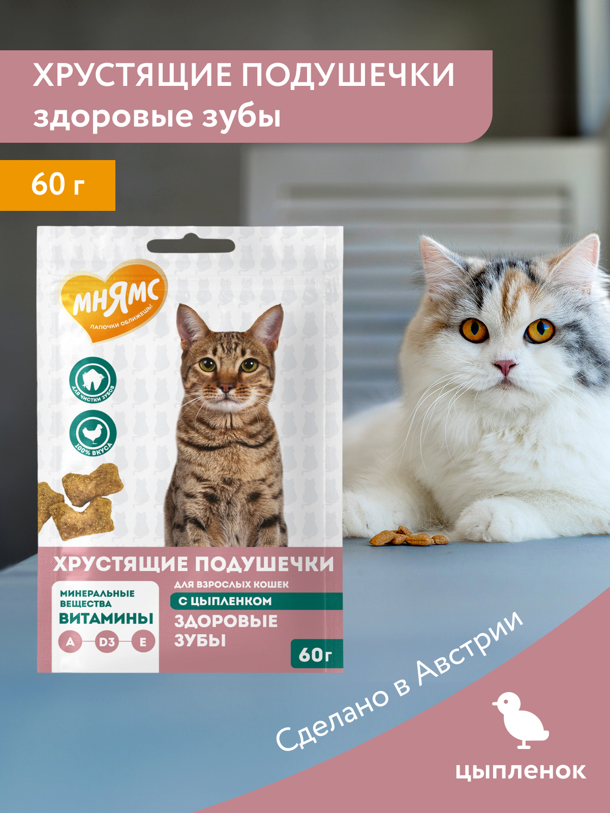 Лакомство Мнямс "Здоровые зубы" хрустящие подушечки для кошек с цыпленком 60 г