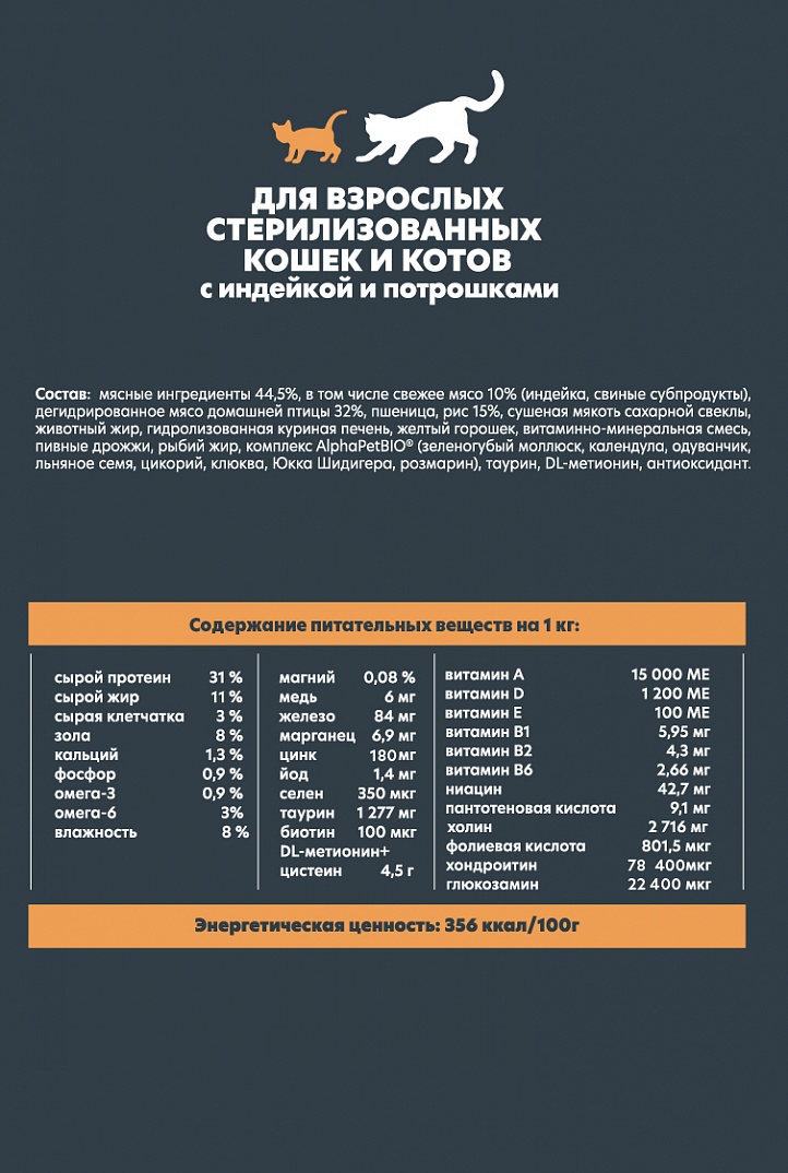 AlphaPet Альфа Пет WOW Сухой корм для стерилизованных кошек с индейкой и потрошками 1,5 кг 4670064650808